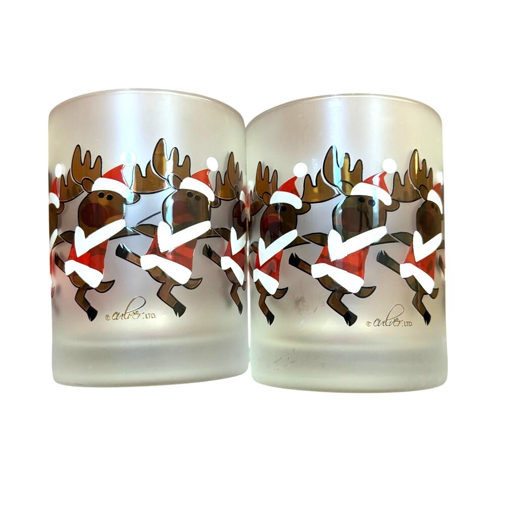 Vintage Culver Glass frosted Christmas Cocktail Glasses PAIR Dancing Santa Moose